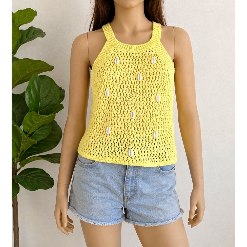 ZARA Girls Yellow Crochet Knit Top Shell Accents 100% Cotton NWT 11-12Y